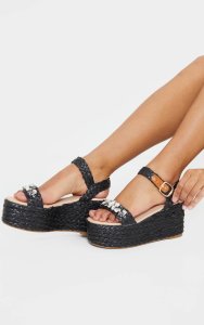 Black Jewel Embellished Plaited Raffia Flatform Sandals