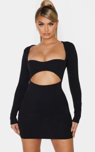 Black Long Sleeve Cut Out Bust Detail Bodycon Dress