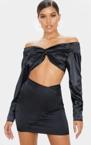 Prettylittlething Black satin bow detail cropped shirt