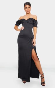 Prettylittlething Black satin wrap bardot maxi dress