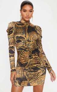 Black Tile Print Slinky Long Puff Sleeve Ruched Bodycon Dress