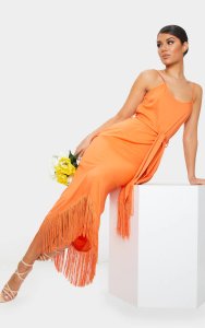 Bright Orange Tassel Detail Strappy Tie Waist Midi Dress