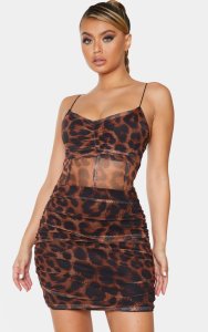 Brown Leopard Print Mesh Strappy Ruched Binding Detail Bodycon Dress