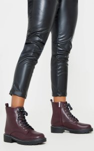Prettylittlething Burgundy chain sole cleated chunky lace up ankle boot