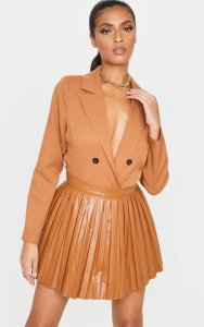 Prettylittlething Camel faux leather pleated skater skirt