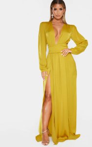 Prettylittlething Chartreuse puff sleeve extreme plunge waist detail maxi dress
