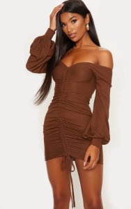 Chocolate Brown Ribbed Bardot Balloon Sleeve Ruched Bodycon Dress