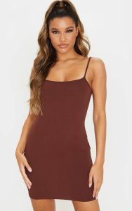 Prettylittlething Chocolate brown straight neck strappy bodycon dress