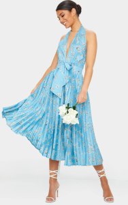 Dusty Blue Floral Print Halterneck Pleated Midi Dress