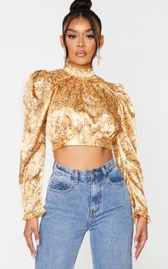 Gold Baroque Printed High Neck Puff Sleeve Blouse