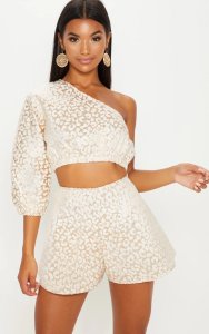 Prettylittlething Gold foil print a line shorts