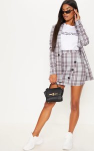Prettylittlething Grey checked button skirt