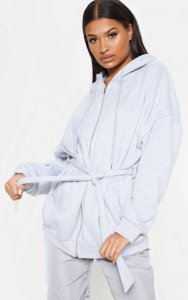 Prettylittlething Grey oversized belted sweat hoodie