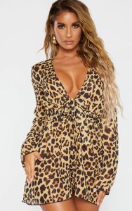 Prettylittlething Leopard bow front beach playsuit