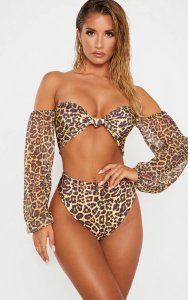 Prettylittlething Leopard puff sleeve strapless bikini top