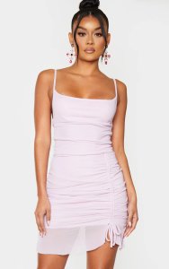 Prettylittlething Lilac strappy mesh ruched bodycon dress