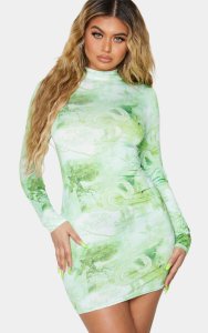 Lime Oriental Print Slinky High Neck Long Sleeve Bodycon Dress