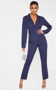Prettylittlething Midnight blue lapel detail belted jumpsuit