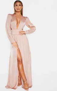 Nude Puff Sleeve Extreme Plunge Waist Detail Maxi Dress