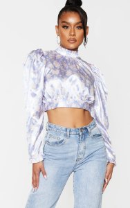Pale Blue Floral Printed High Neck Puff Sleeve Blouse
