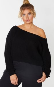Prettylittlething Plus black off the shoulder crop knitted jumper