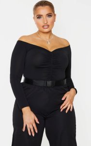 Prettylittlething Plus black slinky ruched front long sleeve crop top