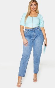 Plus Mint Stretch Hook And Eye Puff Sleeve Crop Top