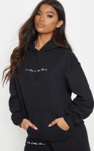 PRETTYLITTLETHING Black Embroidered Oversized Hoodie