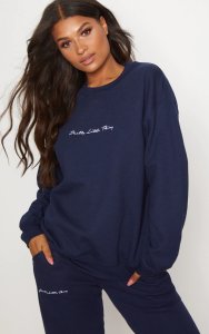 PRETTYLITTLETHING Navy Embroidered Sweater