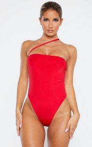 Prettylittlething Red asymmetric strap swimsuit