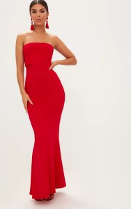 Prettylittlething Red bandeau frill hem maxi dress