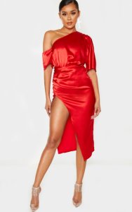Red One Shoulder Ruched Skirt Midi Dress