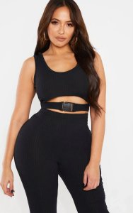 Prettylittlething Shape black ribbed buckle waist crop top