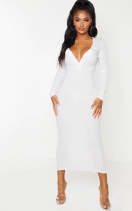 Shape Cream Ribbed Button Front Long Sleeve Midaxi Dress