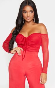 Shape Red Mesh Long Sleeve Ruched Bodysuit