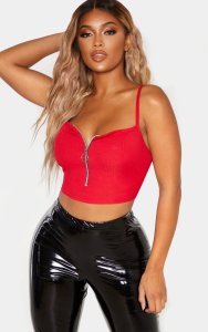 Prettylittlething Shape red ribbed zip front strappy crop top