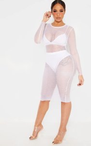 Shape White Sheer Net Long Sleeve Midi Dress