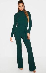 Prettylittlething Tall emerald green high neck long sleeve scuba flared jumpsuit