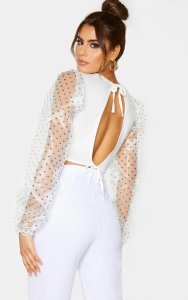 Prettylittlething Tall white organza polka dot sleeve jersey crop top