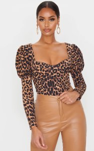 Prettylittlething Tan leopard crepe puff sleeve square neck bodysuit