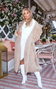 Prettylittlething Taupe belted faux fur coat