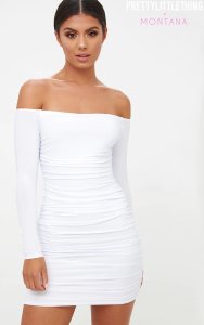 White Bardot Ruched Bodycon Dress