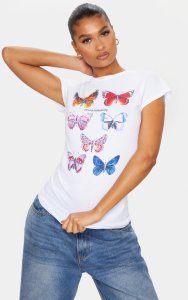White Butterfly Printed Fitted T Shirt