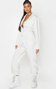 Prettylittlething White button up double pocket elastic waist denim jumpsuit