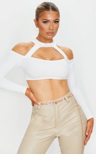 Prettylittlething White crepe bardot high neck cut out crop top