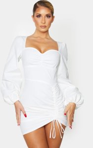 White Long Sleeve Sweetheart Neck Ruched Shirt Dress