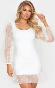 White Mesh Long Sleeve Frill Detail Bodycon Dress
