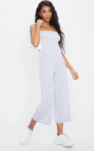 White Pinstripe Ruched Bust Strappy Culotte Jumpsuit