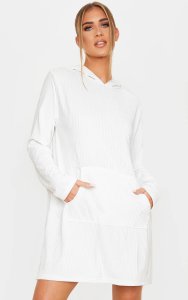 White Soft Rib Oversized Long Sleeve Hoodie Jumper Dress