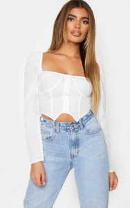 Prettylittlething White woven puff long sleeve button crop top